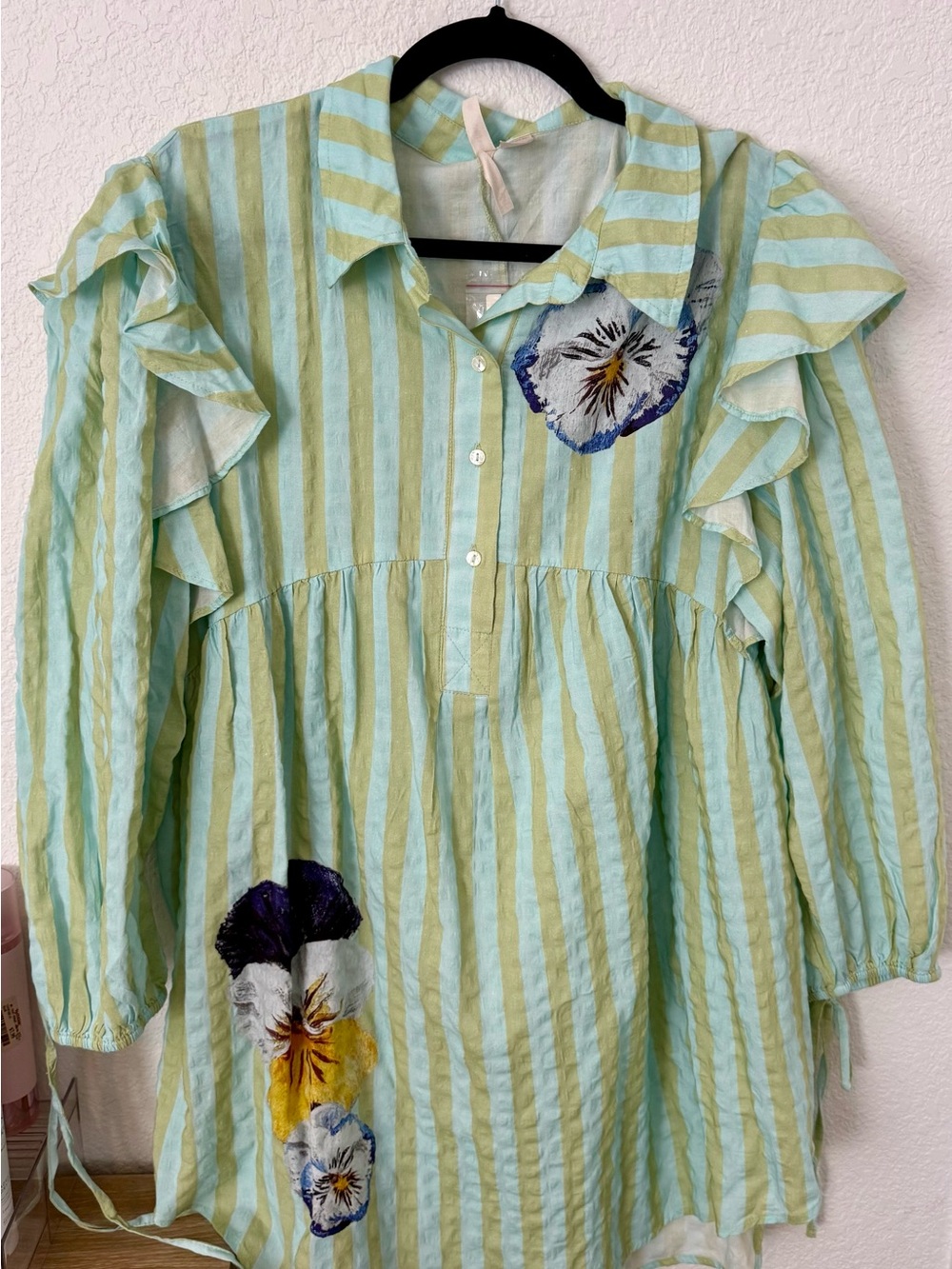 Anthropologie Mint Green Striped Ruffle Blouse with Floral Appliqué